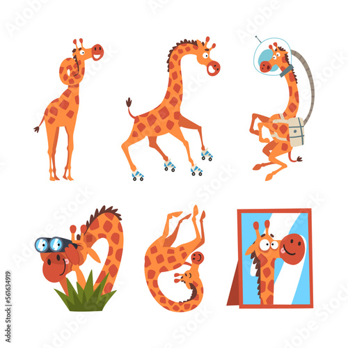 Crazy giraffe in different actions set. Funny African animal character rollerblading, floating in space, spying with binoculars, looking at mirror cartoon vector illustration