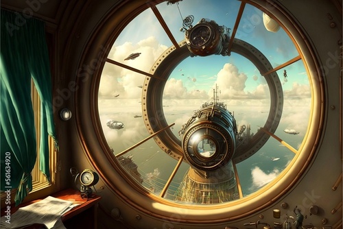 View from inside an airship, steampunk style. AI digital illustration photo