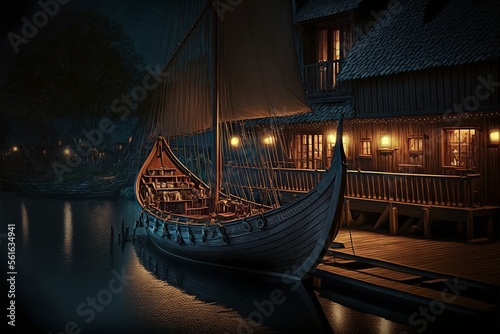 Viking village with wooden boat, wooden deck on the lake. AI digital illustration