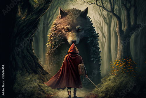 Little girl seen in a threatening and mysterious forest. Dark and realistic illustration of the story of Little Red Riding Hood. Enigmatic light for a scary atmosphere. photo