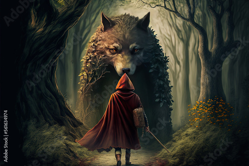 Little girl seen in a threatening and mysterious forest. Dark and realistic illustration of the story of Little Red Riding Hood. Enigmatic light for a scary atmosphere.