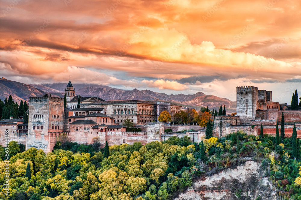 Alhambra Fortress Aerial View at Sunset with Amazing Clouds, Granada, Andalusia