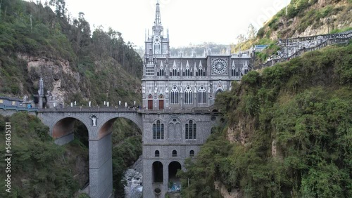 Drone video of the National Shrine Basilica of Our Lady of Las Lajas over the Guáitara River in Narino Department of Colombia in Ipiales, considered one of the most beautiful churches in the world