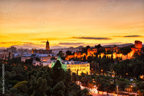 Malaga Old Town Aerial View with Malaga Cathedrat at Sunset