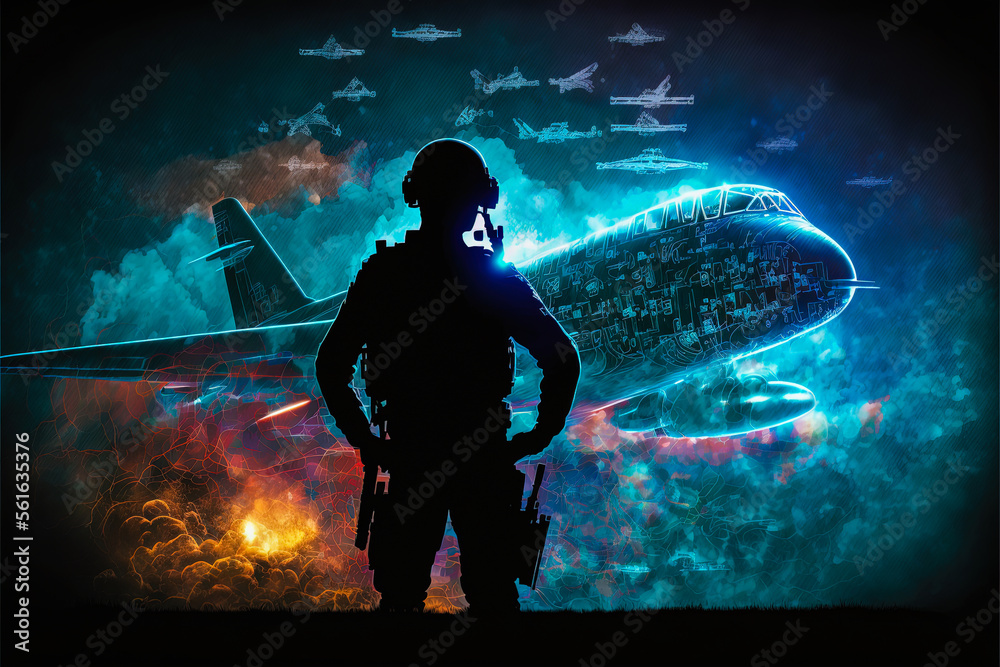 Fototapeta premium Soldier stands at attention in front of digital backdrop. Directing high-intensity conflict operations with modern aircrafts, ideal image for military-related graphics and presentations.