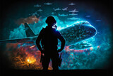 Soldier stands at attention in front of digital backdrop. Directing high-intensity conflict operations with modern aircrafts, ideal image for military-related graphics and presentations.