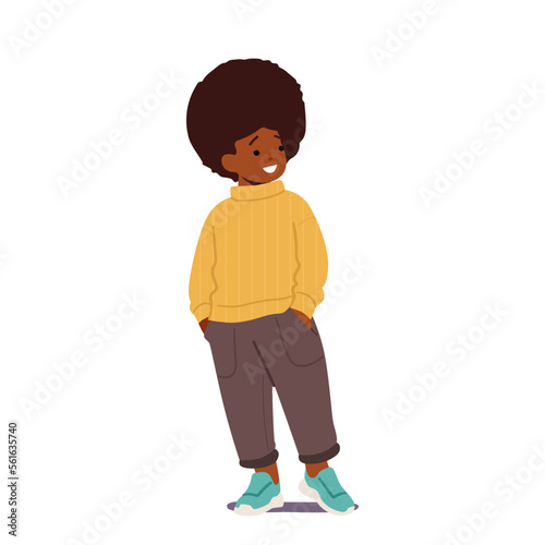 Little African American Boy with Curly Hair Standing with Arms in Pockets Isolated on White Background. Toddler Male Kid