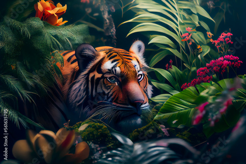 Tiger in the jungle. Tropical floral seamless background with Tiger. Generative AI.