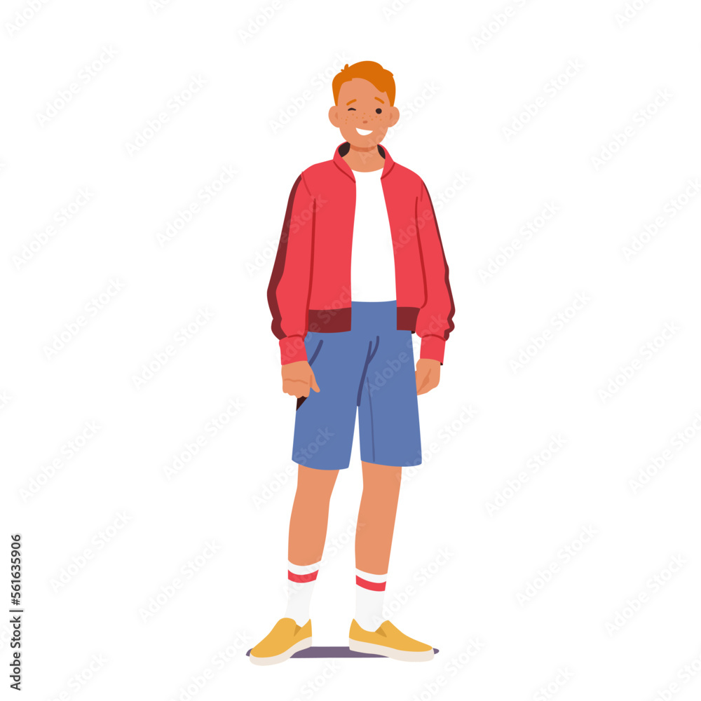 Teen Boy, Cheerful Redhead Teenager Wink Eye Standing Full Height Isolated on White Background. Young Male Character