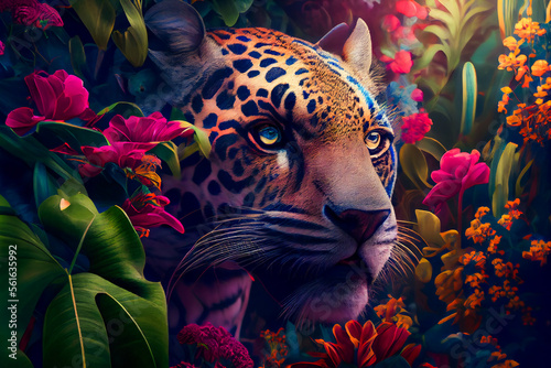 Jaguar in the jungle. Tropical floral seamless background with Jaguar. Generative AI.