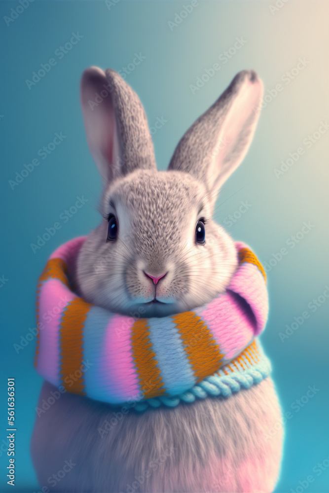 Little cute bunny with brightly colored knitted scarf, Generative Ai