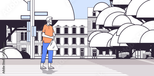 man with shopping plastic bag walking on street pedestrian crosswalk cityscape background horizontal