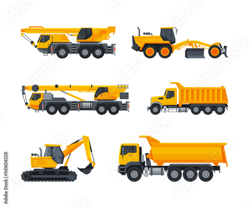 Heavy construction machinery set. Excavator, crane, truck service vehicles special transport flat vector illustration