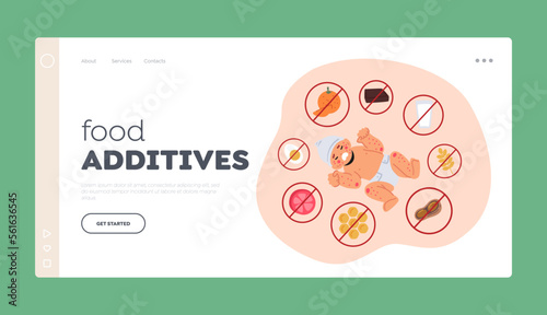 Food Additives Landing Page Template. Newborn Child with Food Allergy. Unhappy Crying Baby with Allergic Symptoms