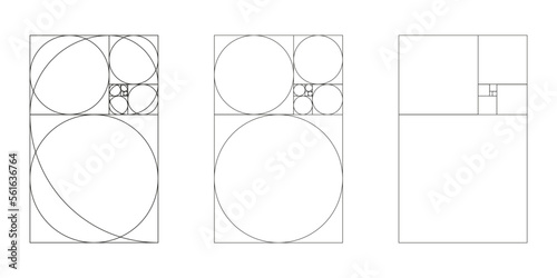 Golden ratio template set. Method golden section. Fibonacci array, numbers. Harmony proportions. Outline illustration.