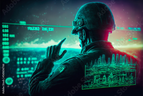A silhouetted soldier remotely controls military operations in a modern conflict. Illustration of the impact of technology on modern warfare strategies. photo