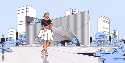 young girl walking city street and using smartphone social media communication digital addiction generation z lifestyle
