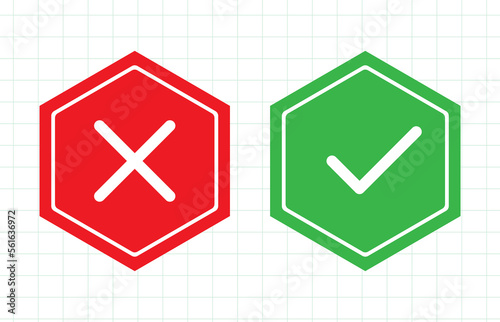 Check and wrong mark on hexagon geometric shape vector design.