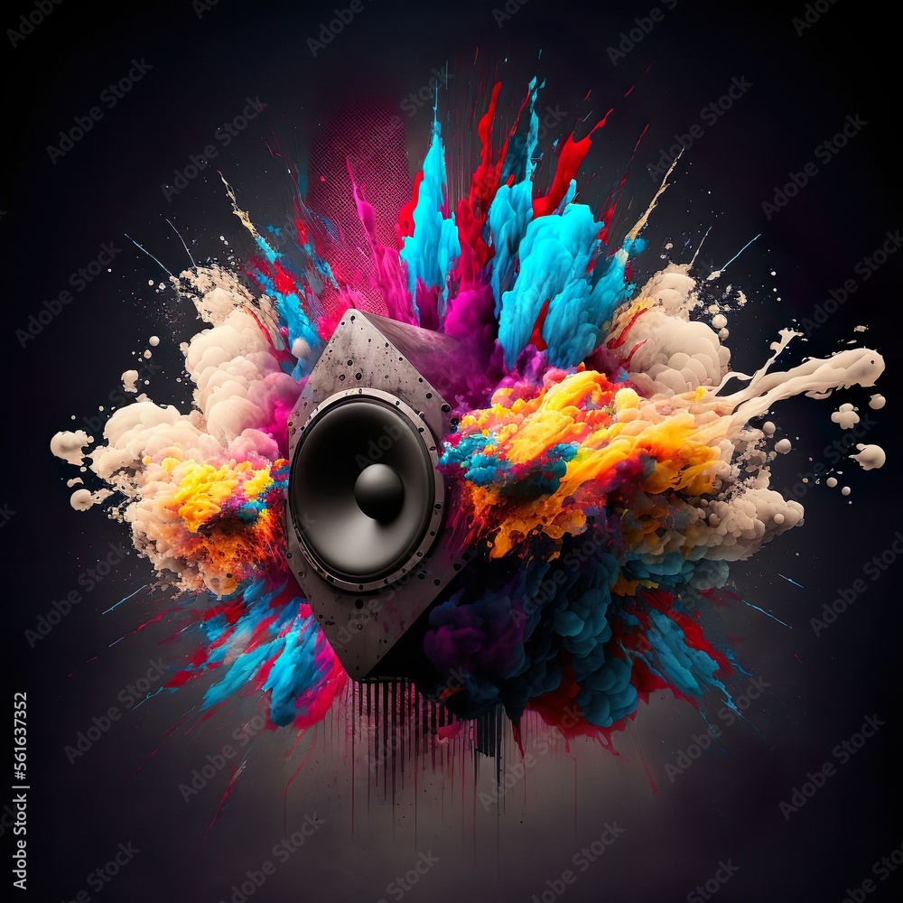 Music speaker, abstraction. Explosion of colors. Created with