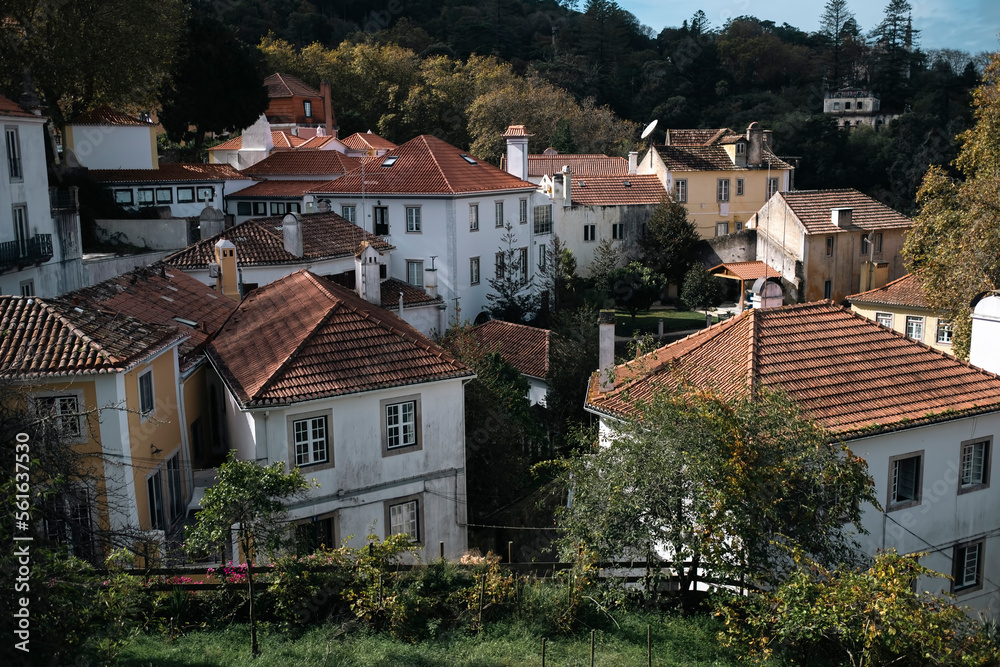 A top view of the facades of the buildings in Sintra, Portugal.