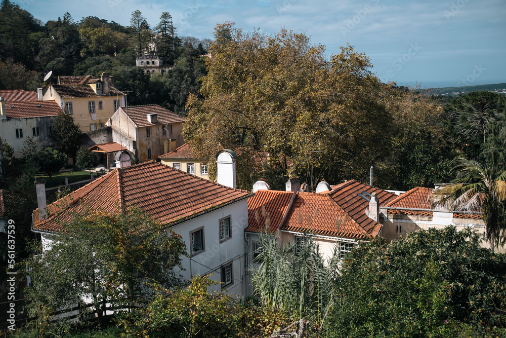 A view of the facades of residential buildings in Sintra, Portugal.