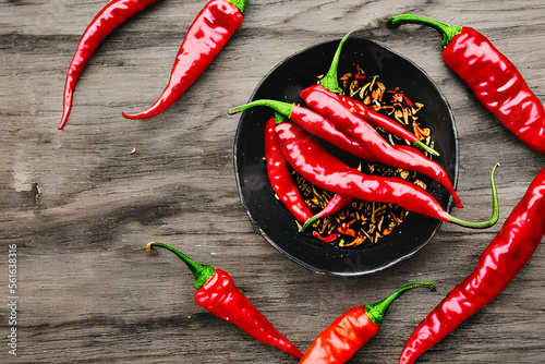 Photo homemade hot chilli saucered chili peppers and chili