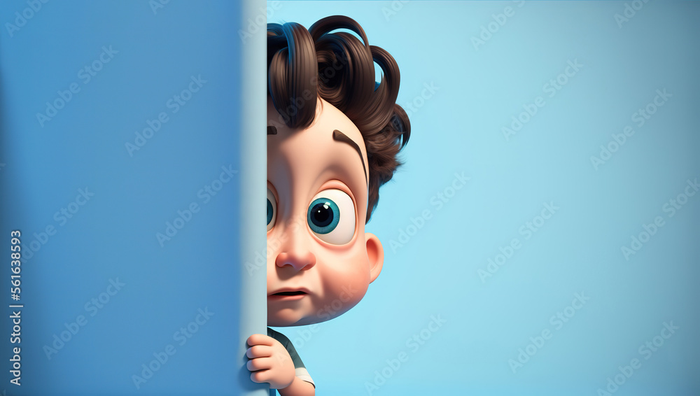 worried little boy scared hiding and peeking from behind a blue wall with copy space area - obrazy, fototapety, plakaty 