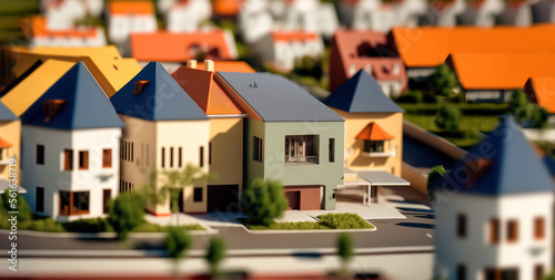 modern generic contemporary style miniature model of townhouse neighborhood with tilt-shift focus technique