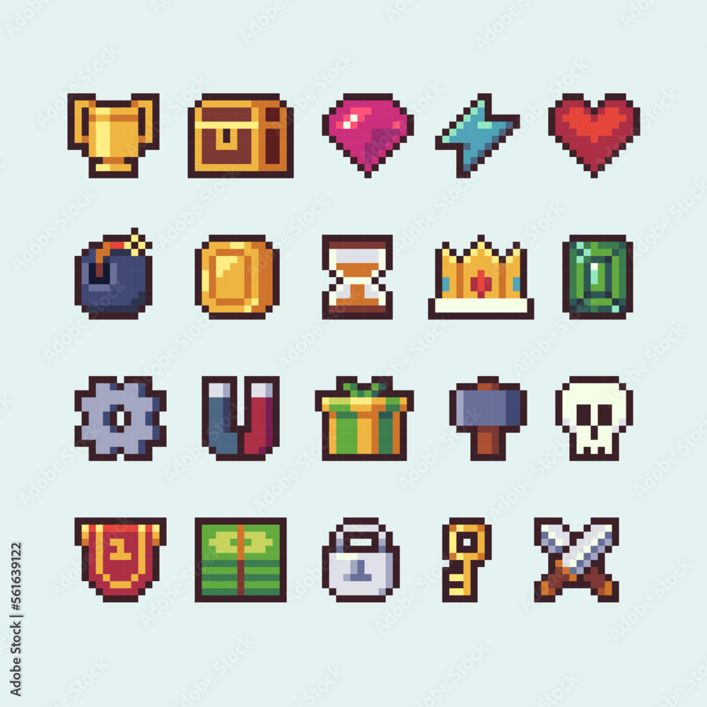 Pixel set of game icons. Retro game UI play. Vector illustrations