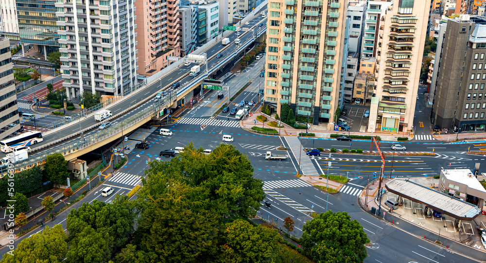 Fototapeta premium Skyscrapers and highways through Minato, Tokyo, Japan