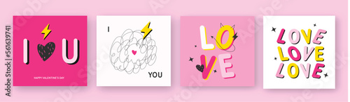 Happy Valentine's Day set of vector retro cards, banners or backgrounds with heart frame and pattern in modern flat style for decor, greetings, packaging, print, web, promo