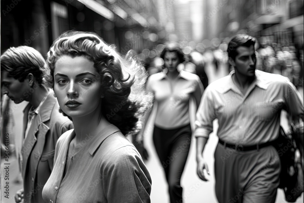  young blond woman walking in hollywoods in 1950. monochromatic vintage. This image was created with generative AI,