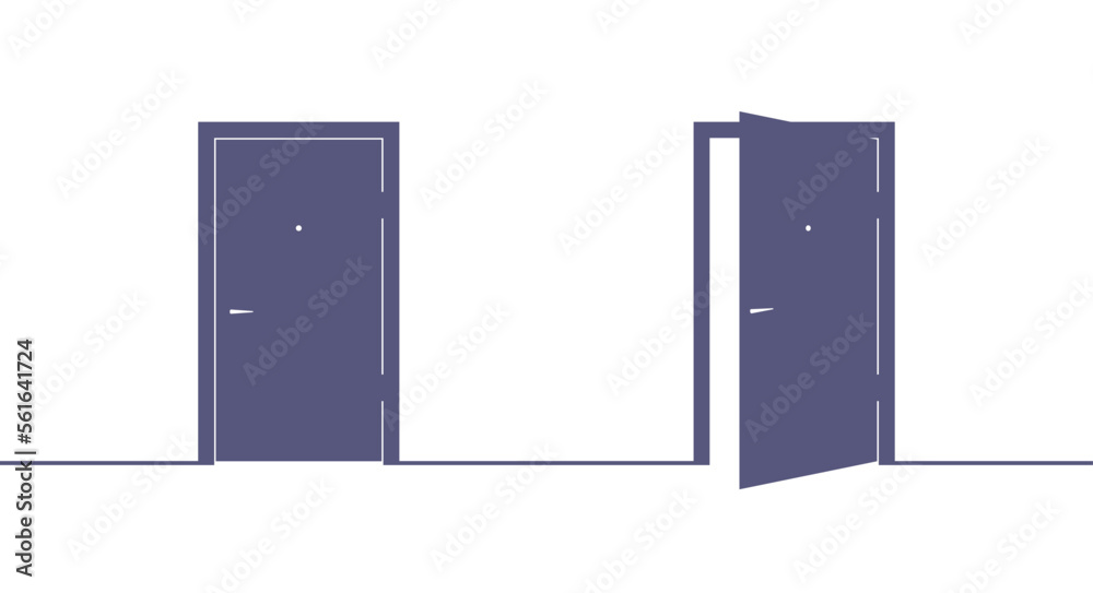 Open and closed door. Flat vector illustration isolated on white background. Open and closed door. Flat vector illustration isolated on white background.
