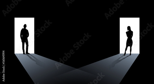 Male and female silhouettes in the doorway. Flat vector illustration isolated on black background.