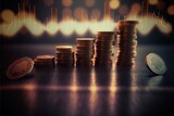 Rows of coins graphics on the table, finance and business concept, money, soft focus and blur style, dark tone. AI