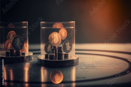 Rows of coins graphics on the table, finance and business concept, money, soft focus and blur style, dark tone. AI