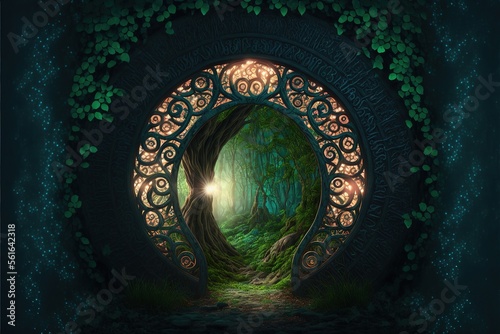 Fantasy magic portal. A portal in the elven forest to another world. AI
