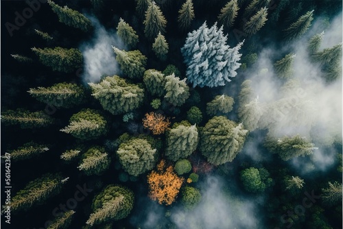Foggy forest. Forest landscape view from above. AI