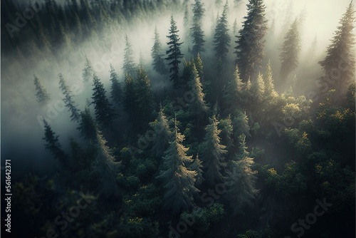 Foggy forest. Forest landscape view from above. AI © DZMITRY