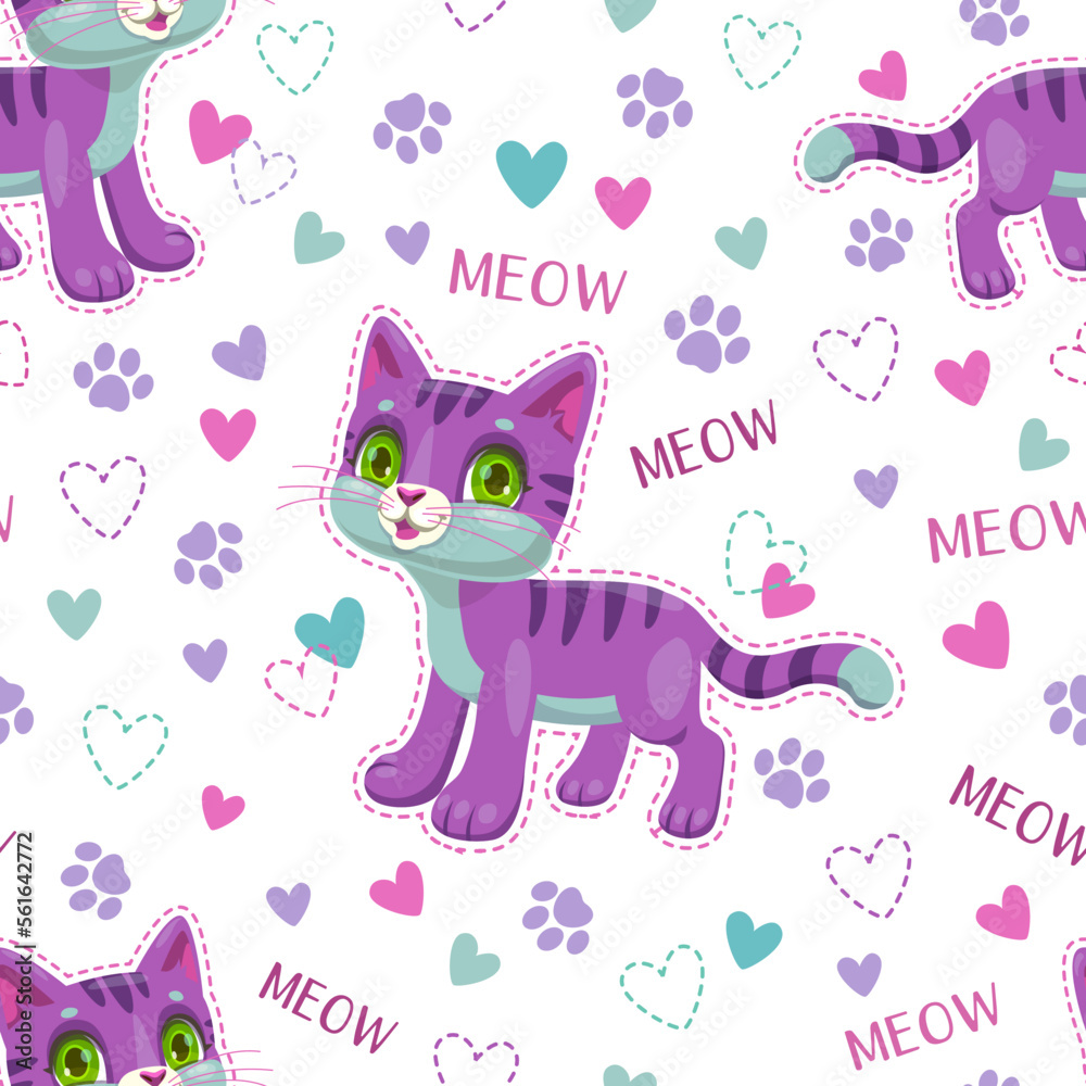 Seamless pattern with cute purple cartoon cat