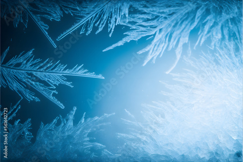 Winter frost pattern on glass  Ice crystals  blue background  illustration generativ ai