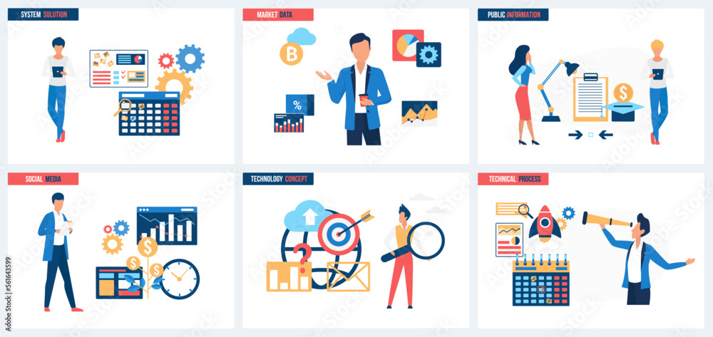 Social media, public market information, technical process and system solutions set vector illustration. Cartoon tiny people with magnifying glass and telescope plan business strategy, work on data