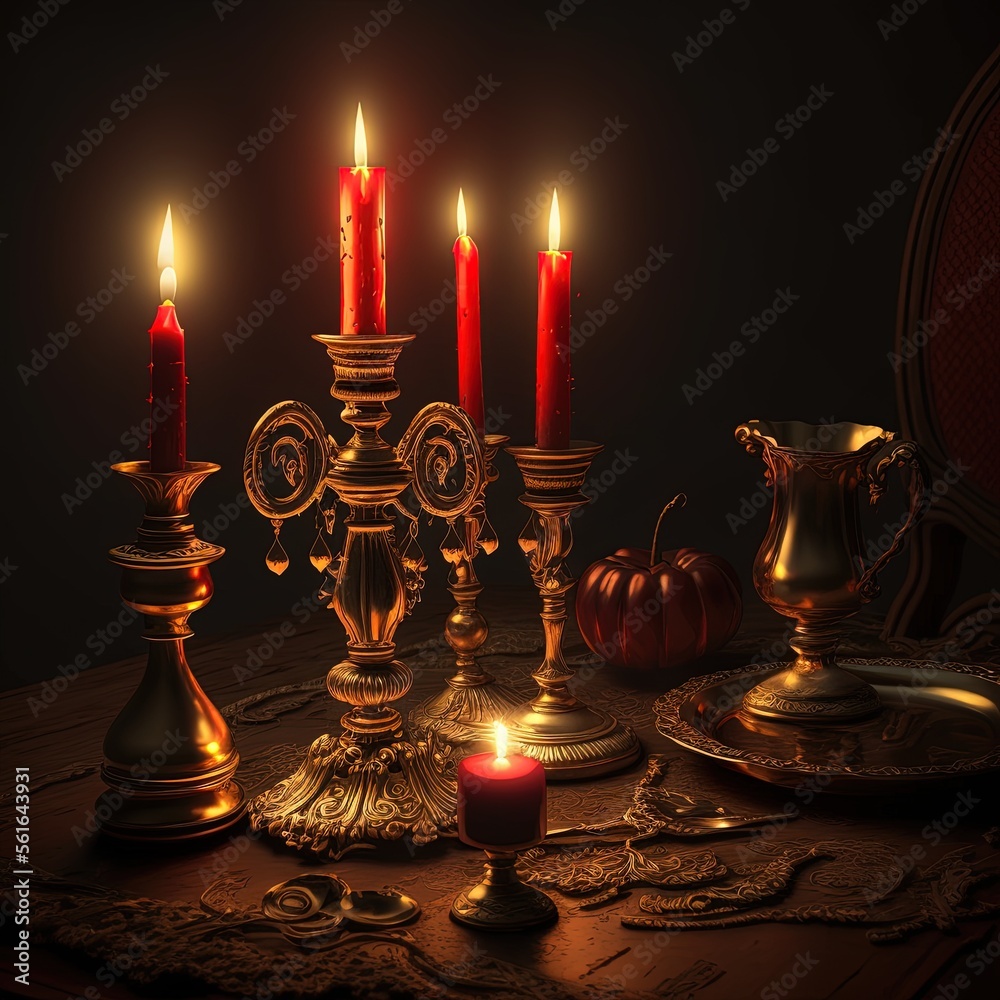 Red candles in the dark, candles on the table, candleholders at night, table with red candles, generative ai Red candles in the dark, candles on the table, candleholders at night, table with red candles, generative ai