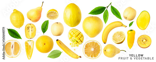 Fresh yellow vegetable, fruits and berry. PNG with transparent background. Flat lay. Without shadow.