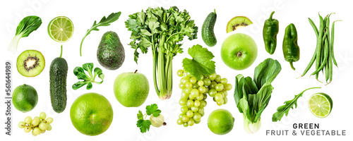Fresh green vegetable, fruits and berry. PNG with transparent background. Flat lay. Without shadow.