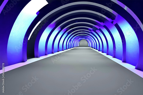 Tunnel of circular neon lights  purple  blue  ai generated 