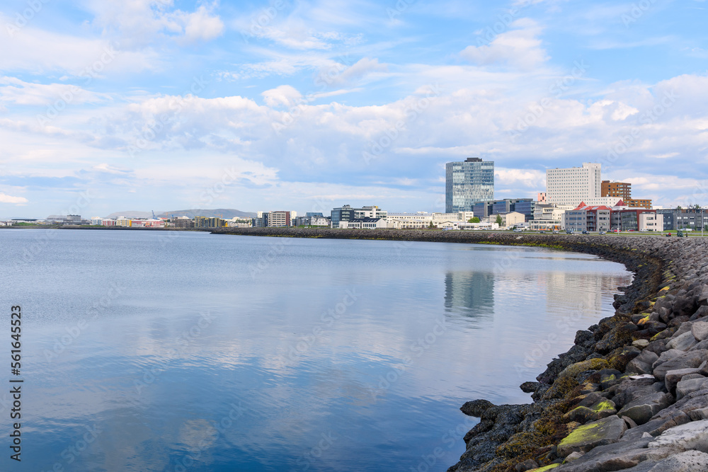 View of Reykjavik waterfront and bay on a clear summer day