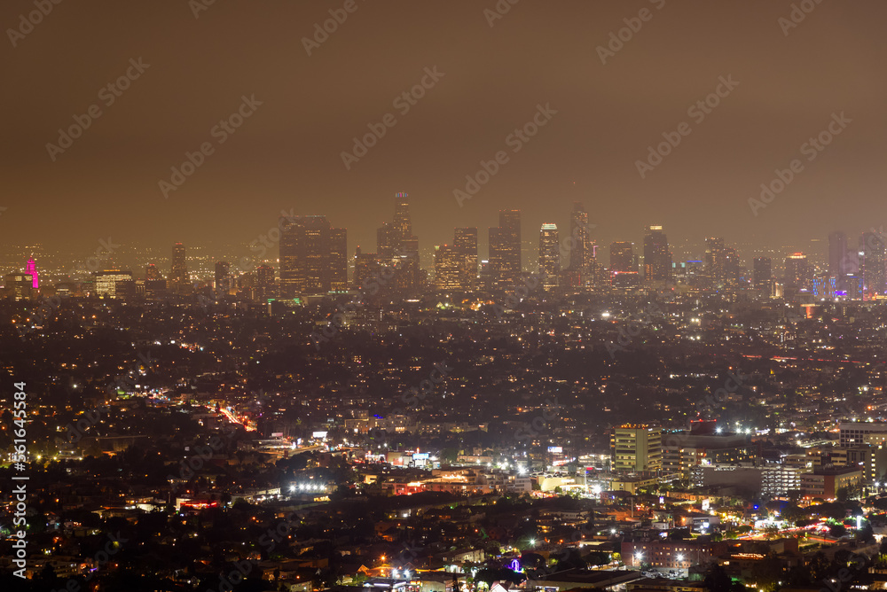Elevated view of Los Angeles skyline on a foggy autumn night