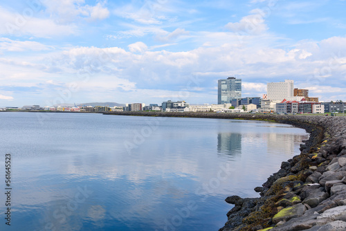 View of Reykjavik waterfront and bay on a clear summer day