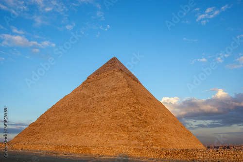 Cairo city behind awesome pyramid of Khafre or of Chephren in Giza the second-tallest and second-largest of the 3 Ancient Egyptian Pyramids of Giza